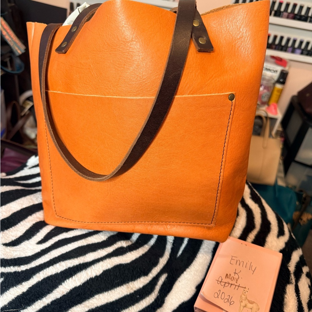 Satsume Orange Leather Tote with Dark Brown Straps